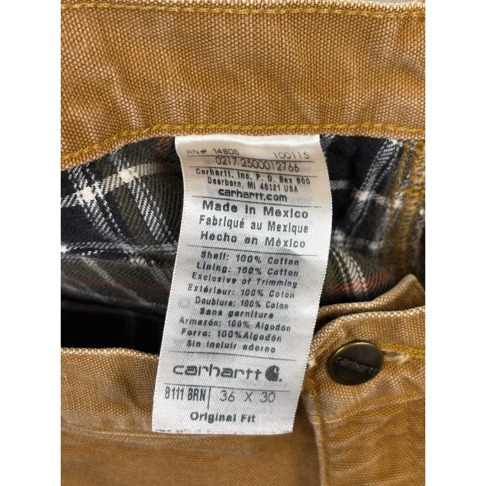 Carhartt B111 BRN Mens 36x30 Flannel Lined Duck Canvas Work Pants Brown Plaid
